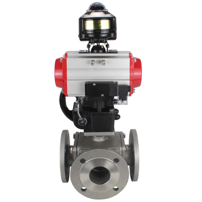 Кран шаровой BV3232P(4pc)-FP-3WL-F Ду25 Ру16 полнопроходной трехходовой, фланцевый, корпус - нержав.сталь SS316, пневмопривод PA-DA-052 двойн.действия, пневмораспределитель 4M310-08 DC24V, БКВ APL-510N EX и ручной дублер MON1-250-T26-ISO в Уфе