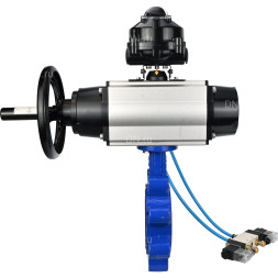 Затвор дисковый поворотный WBV1616N-2W-Fb-H Ду125 Ру16 LUG корпус - чугун QT450, диск - чугун QT450, уплотнение - NBR, с пневмоприводом PA-DA-105-1, пневмораспределителем 4V320-08 AC220V и БКВ APL-510N EX