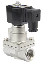 Клапан электромагнитный VS1031-PT-NC-24VDC 1 1/4″ Ду32 Ру12 соленоидный двухходовой поршневой, резьбовой, корпус - нержавеющая сталь AISI 304, уплотнение - PTFE, пилотного действия, нормально закрытый, катушка - 24В DC