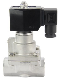 Клапан электромагнитный VS1031-PT-NC-24VDC 1 1/4″ Ду32 Ру12 соленоидный двухходовой поршневой, резьбовой, корпус - нержавеющая сталь AISI 304, уплотнение - PTFE, пилотного действия, нормально закрытый, катушка - 24В DC