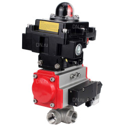 Кран шаровой BV3232P(4pc)-SP-3WL-T-ISO-H Ду65 Ру40 стандартнопроходной трехходовой L-тип, нержавеющая сталь SS316, внутренняя резьба, PTFE, пн.приводом PA-DA-083, пн.распределителем 4M310-08 DC24V и БКВ APL-410N EX