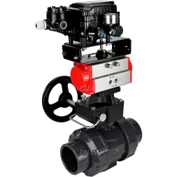 Кран шаровой BV4242E-FP-GRM-ISO Дн20 Ру10 полнопроходной, корпус - НПВХ, шар - НПВХ, уплотнение - EPDM, с пневмоприводом PA-DA-052, ручным дублером MON1-250-T26-ISO и пневмопозиционером YT-1000RSN с обратной связью