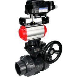 Кран шаровой BV4242E-FP-GRM-ISO Дн20 Ру10 полнопроходной, корпус - НПВХ, шар - НПВХ, уплотнение - EPDM, с пневмоприводом PA-DA-052, ручным дублером MON1-250-T26-ISO и пневмопозиционером YT-1000RSN с обратной связью