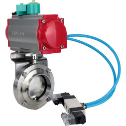 Затвор дисковый поворотный WBV3131S-2W-W-H Ду32 Ру10 под приварку, пищевая нержавеющая сталь 304, уплотнение - Silicon, с пневмоприводом PA-DA-052, пневмораспределителем 4V320-08 AC220V и магнитным переключателем ALS200D