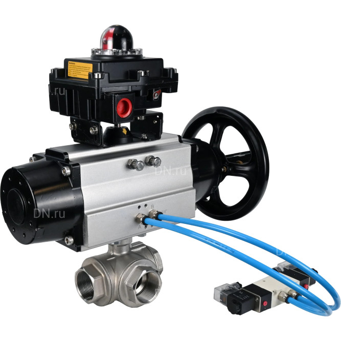 Кран шаровой BV3232P(4pc)-SP-3WL-T-ISO-H Ду80 Ру40, стандартнопроходной, четырехсоставной, корпус - нержавеющая сталь 316, уплотнение - PTFE, внутренняя резьба, с пневмоприводом PA-DA-105-1, пневмораспределителем 4V320-10 AC220V, БКВ APL-410N Ex в Уфе