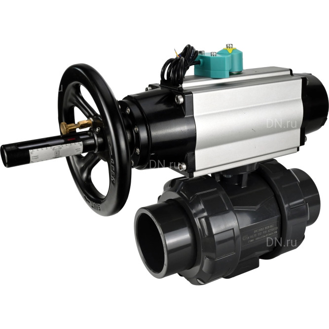 Кран шаровой BV4242E-FP-GRM-ISO Дн65 Ру10 полнопроходной, корпус - НПВХ, шар - НПВХ, уплотнение - EPDM, с пневмоприводом PA-DA-105-1, пневмораспределителем 4M310-08 AC220V и магнитным переключателем ALS200D в Уфе