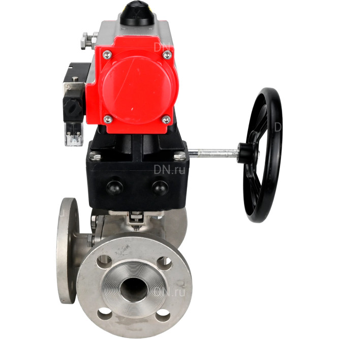 Кран шаровой BV3232P(4pc)-FP-3WL-F Ду15 Ру16 полнопроходной трехходовой, фланцевый, корпус - нержавеющая сталь SS316, с пневмоприводом PA-DA-052 двойного действия, пневмораспределителем 4M310-08 AC220V и ручным дублером MON1-250-T26-ISO в Уфе