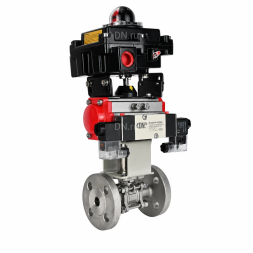 Кран шаровой BV3131P(3pc)-FP-F-ISO-H Ду25 Ру40 полнопроходной, фланцевый, корпус - нержавеющая сталь 304, PTFE, с пневмоприводом PA-DA-052, пневмораспределителем 4M320-08 AC220V и БКВ APL-410N EX