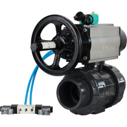 Кран шаровой BV4242E-FP-GRM-ISO Дн20 Ру10 полнопроходной, корпус - НПВХ, шар - НПВХ, уплотнение - EPDM, с пневмоприводом PA-DA-105-1, пневмораспределителем 4V320-10 AC220V и магнитным переключателем ALS200D