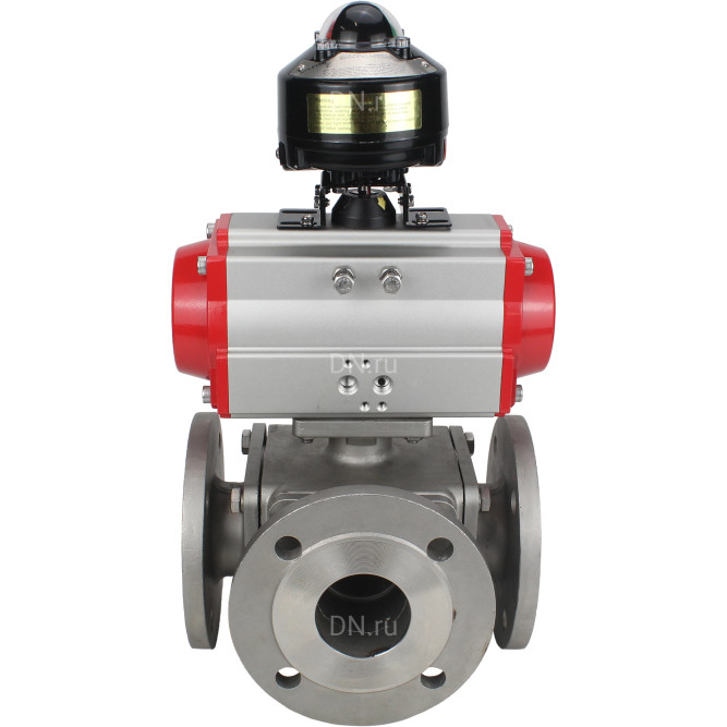 Кран шаровой BV3232P(4pc)-FP-3WL-F Ду25 Ру16 полнопроходной трехходовой, фланцевый, корпус - нержавеющая сталь SS316, с пневмоприводом PA-DA-052 двойного действия и БКВ APL-510N EX в Уфе