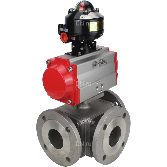 Кран шаровой BV3232P(4pc)-FP-3WL-F Ду25 Ру16 полнопроходной трехходовой, фланцевый, корпус - нержавеющая сталь SS316, с пневмоприводом PA-DA-052 двойного действия и БКВ APL-510N EX в Уфе