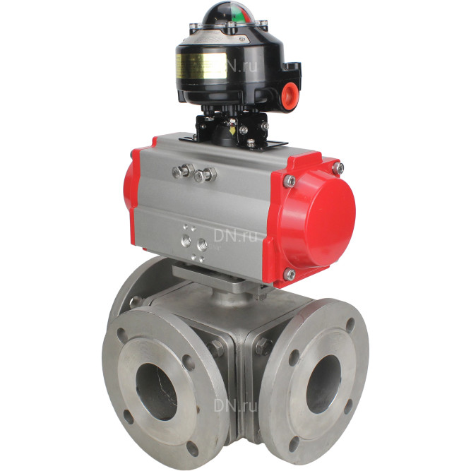 Кран шаровой BV3232P(4pc)-FP-3WL-F Ду25 Ру16 полнопроходной трехходовой, фланцевый, корпус - нержавеющая сталь SS316, с пневмоприводом PA-DA-052 двойного действия и БКВ APL-510N EX в Уфе
