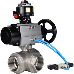 Кран шаровой BV3232P(4pc)-SP-3WL-T-ISO-H Ду80 Ру40, стандартнопроходной, четырехсоставной, корпус - нержавеющая сталь 316, уплотнение - PTFE, внутренняя резьба, с пневмоприводом PA-DA-105-1, пневмораспределителем 4V320-10 AC220V, БКВ APL-510N Ex