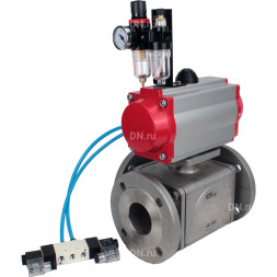 Кран шаровой BV3232P(4pc)-FP-3WL-F Ду80 Ру16 полнопроходной трехходовой, фланцевый, корпус - нержавеющая сталь SS316, с пневмоприводом PA-DA-105 двойного действия, пневмораспределителем 4V320-10 AC220V и БПВ AFC2000